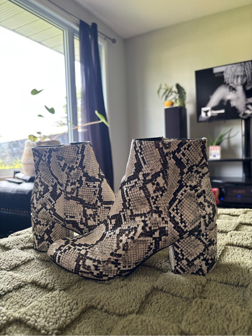 Dynamite Snake Skin Print Block Heel Ankle Boots